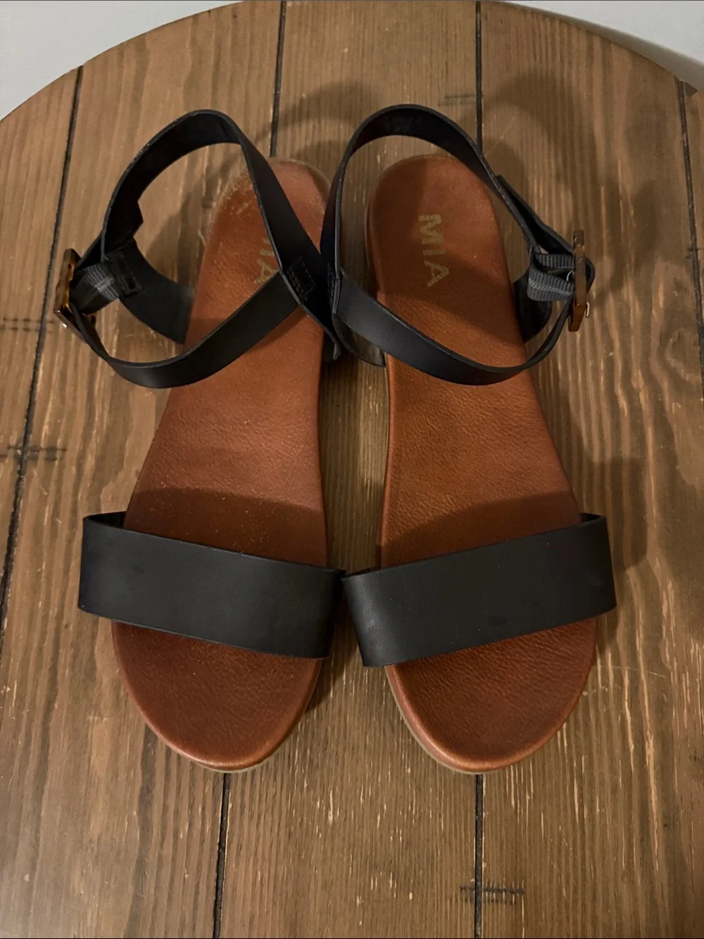 MIA Black Strap Brown Footbed Ankle Buckle Sandals